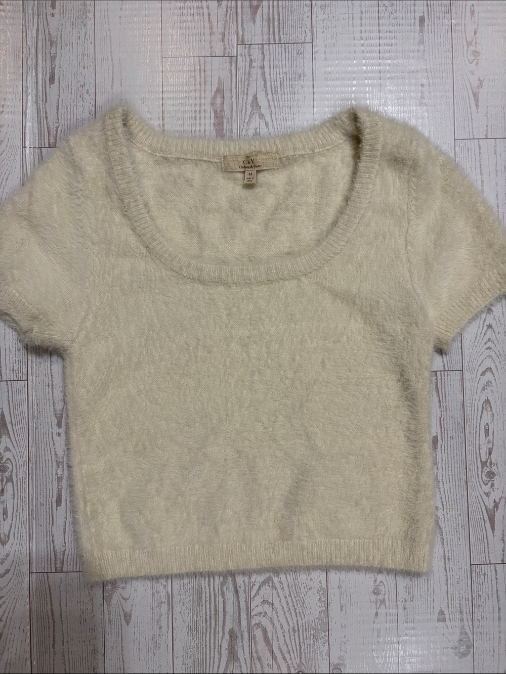 Chelsea & Violet Cream Fuzzy Scoop Neck Short-Sleeve Sweater - cozy soft